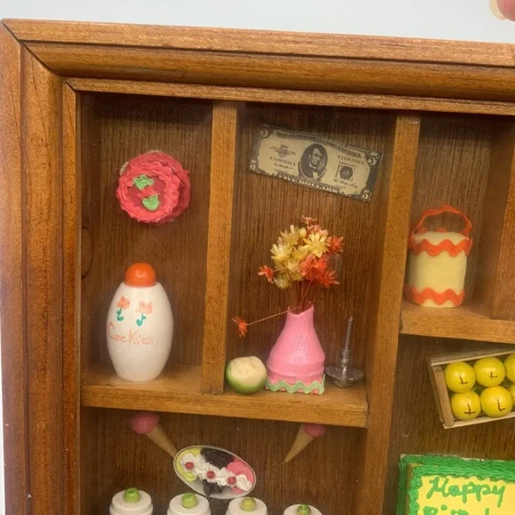 Vintage Happy Birthday Shadow Box Miniature Cake Ice Cream Canisters Fruit
